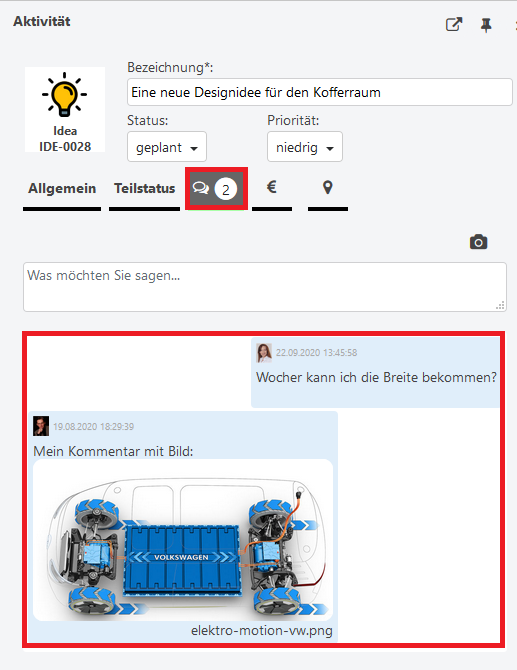Inhalt der Kommentare inkl. Bilder und Screenshots zu einer Aktivität in Synapcus Software. Effektive Kollaboration, transparenter Informationsaustausch und historisierte Kommunikation.