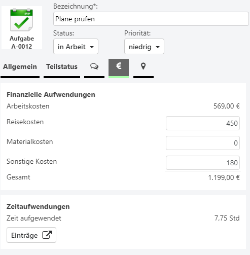 Zugeordnete Kosten zu einer Aktivität in Synapcus Software. Alle Kosten stets nachvollziehbar für lückenloses Controlling.