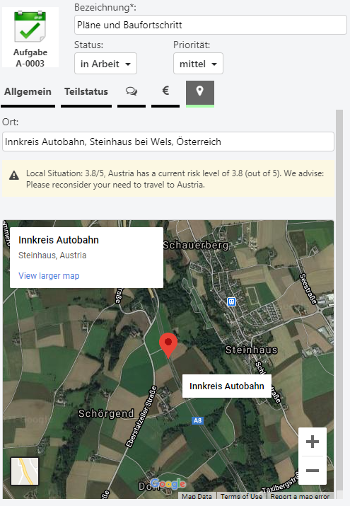 Geo-Location einer Aktivität entsprechend der Projektadresse in Synapcus Software.Effiziente Ortsbestimmung für optimierte Planung.
