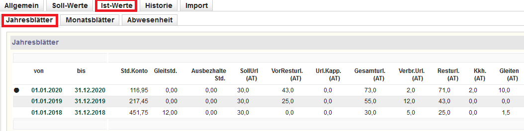 Mitarbeiter Jahresblätter in Synapcus Software für effiziente Arbeitszeitverwaltung