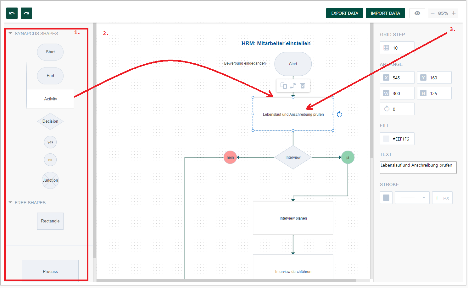 Workflow-Editor in Synapcus Software. Gestalten Sie Ihre Unternehmensabläufe mit Leichtigkeit und Präzision.