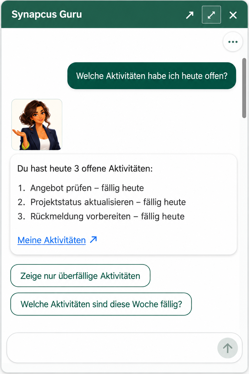 Synapcus Guru mit Leyla bei einer Antwort aus aktuellen Synapcus-Daten